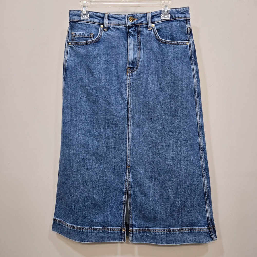 Kate Spade Denim Midi Skirt Size 30 Cosmic Wash A Line Front Split High Rise NWT